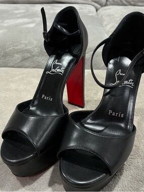 Christian Louboutin Black Leather Platform Sandal with Red Heel